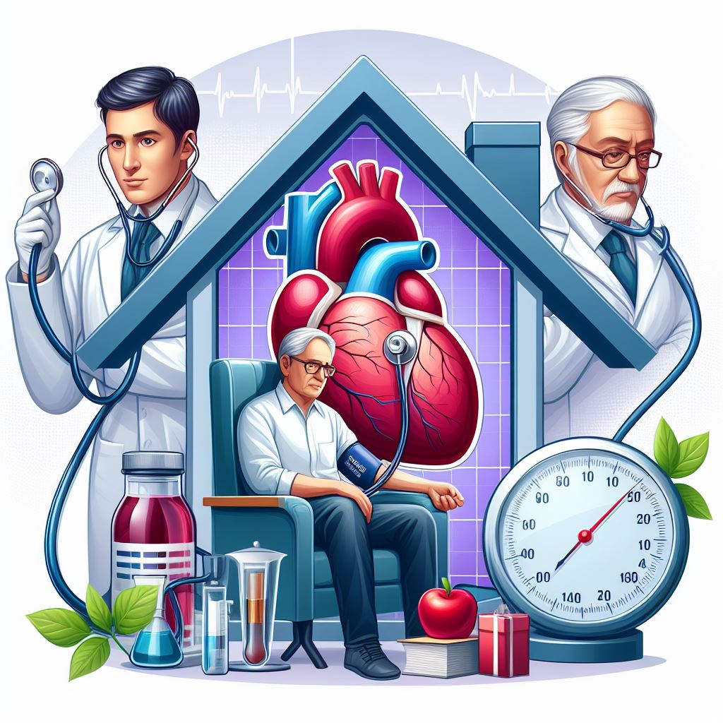 A doctor and patient stand in front of a heart-adorned house, symbolizing care and healing.