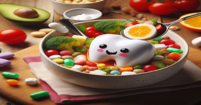 A tooth holding a spoon next to a bowl of fruit and vegetables.